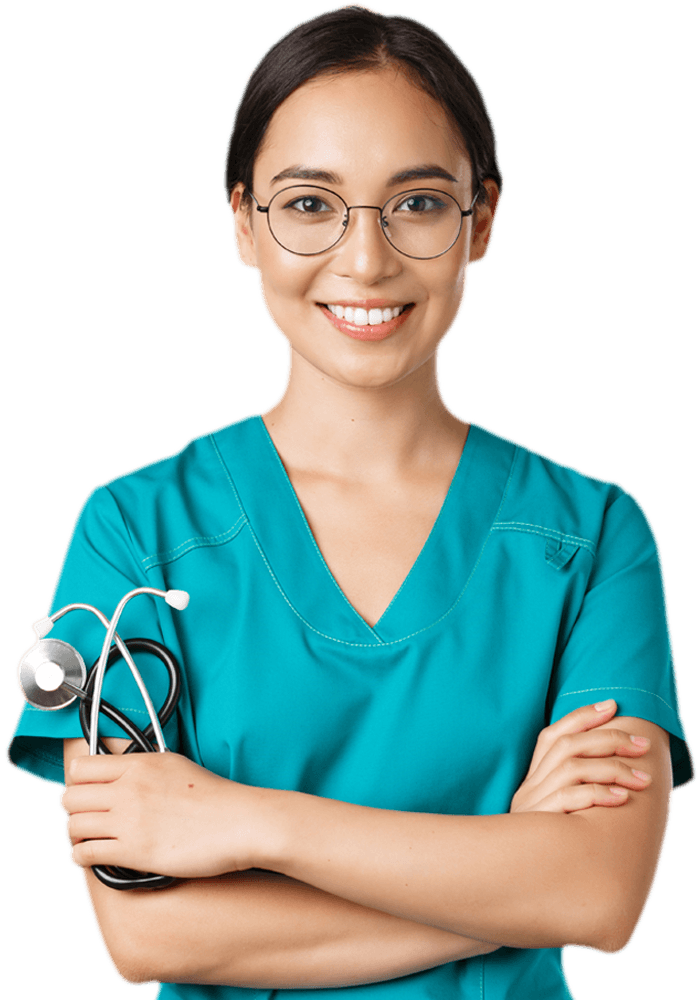 Female doctor nurse in glasses and scrubs standing white background cross arms
